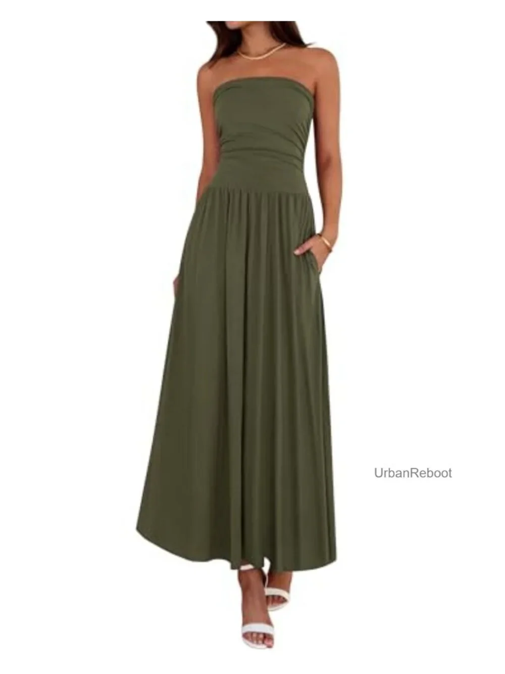 Strapless Tube Top Maxi Dress Ruched Side Pockets Viscose